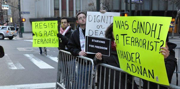 Al-Awda NY and Existence is Resistance held a protest for Khader Adnan on Monday, February 20 in front of the Israeli Consulate in New York City: